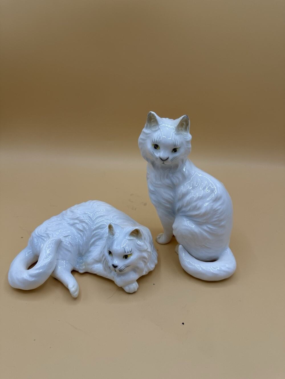 Vintage White Porcelain Long Hair Cat Figurines Pair Sitting & Reclining PY Mark